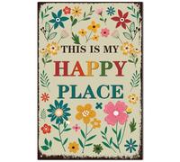 PRESSINART Este Es Mi Lugar Feliz Cartel de Lata Decoración de Pared de | Letreros de Lata Vintage con Flores, Señal de Metal Duradera para Jardín, Patio, Cerca, Oficina, Cafetería, Dormitorio