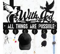 PRESSINART Portallaves de Cruz En Negro Soporte para Llaves de 1 pulgada con Diseño de Paloma Y la Frase con Dios Todo Es Posible Organizador de Madera Y Hierro para Montar En la Pared con 2 ganchos
