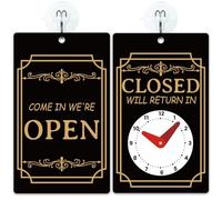 PRESSINART Señal de Abierto/Cerrado para Puerta de 7.87 x 4.72 Pulgadas Señal de Volverá con Ganchos de Ventosa Doble Cara PVC Negro Placa Colgante con Reloj de Tiempo de Vuelta para Negocios Bares