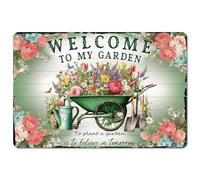 PRESSINART Señales de Lata Floral Bienvenido A Mi Jardín Signo Vintage Flores Y Herramientas de Jardinería Arte de Pared de Lata Metálica Rectangular para el Hogar Patio Invernadero Patio Trasero