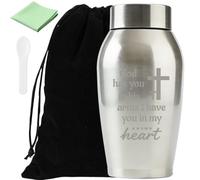 PRESSINART Urna de Recuerdo Cruz 7.1 x 3.3 pulgada Urnas de Acero Inoxidable con Bolsas de Cordón Cuchara de Plástico Paño de Pulido Dios Te Tiene En Sus Brazos Cenizas Humanas O de cotas para Recuerd