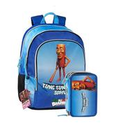 PRESTIGE & DELUXE Brainrot - Mochila Tung Tung Tung con 3 compartimentos con cremallera para escuela primaria + Estuche de 3 pisos completo de papelería + juego de escritura, llavero Brainrot y 10