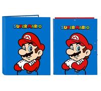 PRESTIGE & DELUXE Carpeta Compatible con Super Mario Rojo 4 Anillas para el Colegio + Carpeta con elástico + Llavero Mario o Luigi Gratis