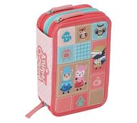 PRESTIGE & DELUXE Estuche Animal Crosing rosa escuela primaria triple, estuche portalápices y portalápices lleno con 18 lápices de colores, 18 rotuladores