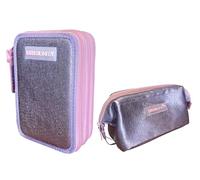 PRESTIGE & DELUXE Estuche completo de color liso con 3 cremalleras, color rosa y morado con estuche + bolsa con cremallera para la escuela, para niña + llavero y bolígrafo de color
