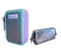 PRESTIGE & DELUXE Estuche completo de color liso Pool Over 3 cremalleras Gradient azul violeta completo de papelería + estuche sobre cremallera para escuela niña niña + llavero y bolígrafo de color