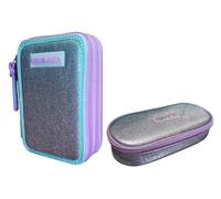 PRESTIGE & DELUXE Estuche de color liso con 3 cremalleras, color azul y morado, con estuche ovalado con cremallera para la escuela, para niña y niña + llavero y bolígrafo de color