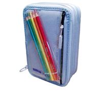 PRESTIGE & DELUXE Estuche Escolar Estuches Escolares Liso Pool Over 4 Cremalleras Completo Lila + 5 Lápices de Colores Lisos + Regalo Llavero Lentejuelas, Estuche