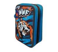 PRESTIGE & DELUXE Estuche WWF tigre escuela primaria triple, estuche portalápices y portalápices lleno con 18 lápices de colores, 18 rotuladores + juego de 12 rotuladores de regalo