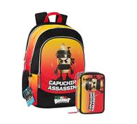 PRESTIGE & DELUXE Mochila Brainrot Capuchino Assassino 3 compartimentos cremallera para escuela primaria + Estuche de 3 pisos completo de papelería + juego escritura, llavero Brainrot y 10 tarjetas