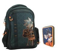 PRESTIGE & DELUXE Mochila escolar compatible con Super Dragonball redonda 3 compartimentos cremallera para niños primaria mediana + estuche 2 niveles cremallera + kit bolígrafos