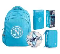 PRESTIGE & DELUXE Mochila escolar Napoli Azul con mini balón + Estuche de 3 pisos con cremallera completo de papelería + Diario + Botella térmica 400 ml + llavero equipo