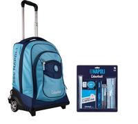 PRESTIGE & DELUXE Mochila escolar Napoli azul doble compartimento con bufanda del fan + Set escritura 14 piezas + llavero equipo fútbol