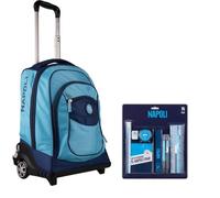 PRESTIGE & DELUXE Mochila escolar Napoli azul doble compartimento con bufanda del fan + Set escritura 14 piezas + llavero equipo fútbol