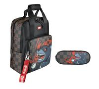 PRESTIGE & DELUXE Mochila escolar para la oficina o la universidad, diseño 38 gráficos a cuadros con tiburón, 40 x 30 x 16 cm + estuche ovalado con cremallera + 7 bolígrafos borrables y llavero