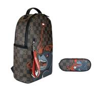 PRESTIGE & DELUXE Mochila escolar para la oficina o la universidad, diseño 38 gráficos a cuadros gris con tiburón dim. 40 x 30 x 16 cm + estuche ovalado con cremallera + 7 bolígrafos borrables y