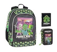 PRESTIGE & DELUXE Mochila escolar redonda compatible con Minecraft para niños + estuche de 3 niveles completo de papelería + diario 2025/2026 + 7 bolígrafos borrables y llavero silbato