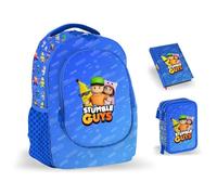 PRESTIGE & DELUXE Mochila escolar Stumble Guys redonda 3 compartimentos + Estuche de 3 niveles completo + Diario 2024/2025 + regalo 7 bolígrafos borrables y llavero personaje, multicolor, standard,