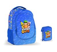 PRESTIGE & DELUXE Mochila escolar Stumble Guys redonda 3 compartimentos + Estuche de 3 pisos completo + 7 bolígrafos borrables y llavero personaje, multicolor, standard, Mochila