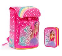PRESTIGE & DELUXE Mochila extensible compatible con Barbie - Respaldo y correas acolchadas Dim. 29 x 40 x 13 (+9) + Estuche de 3 pisos + Bolígrafo sirenas y llavero lentejuelas, multicolor, standard,