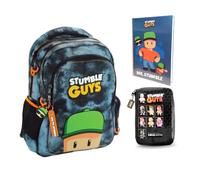 PRESTIGE & DELUXE Stumble Guys - Mochila escolar redonda con 3 compartimentos con cremallera para niños primaria secundaria + estuche One Time con papelería + Diario + Set escritura y llavero