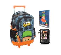 PRESTIGE & DELUXE Stumble Guys - Mochila escolar redonda con 3 compartimentos con cremallera para niños primaria mediana + Estuche One Time + Diario + Set escritura y llavero personaje Stumble Guys