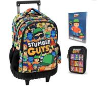 PRESTIGE & DELUXE Stumble Guys - Mochila escolar redonda con 3 compartimentos con cremallera para niños primaria mediana + estuche de 3 pisos completo + Diario 2025/2026 + Set escritura