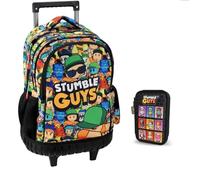 PRESTIGE & DELUXE Stumble Guys - Mochila escolar redonda con 3 compartimentos con cremallera para niños primaria mediana + estuche de 3 pisos completo + set escritura