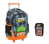 PRESTIGE & DELUXE Stumble Guys - Mochila escolar redonda con 3 compartimentos con cremallera para niños primaria secundaria + Estuche de 3 pisos con cremallera + Set escritura y llavero personaje