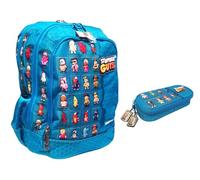 PRESTIGE & DELUXE Stumble Guys - Mochila escolar redonda de color azul con 3 compartimentos con insignias - Color liso Pool Over + Estuche ovalado + 7 bolígrafos borrables y llavero Stumble Guys,