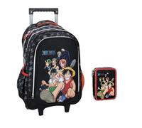 PRESTIGE & DELUXE Trolley Bag Mochila escolar compatible con One Piece Negro + Estuche ovalado cremallera 2 compartimentos + llavero