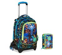 PRESTIGE & DELUXE Trolley escolar Jack 3 ruedas desmontable Led Look Dragón, 3 en 1 para escuela primaria niño + Estuche 3 cremalleras con papelería + 7 bolígrafos borrables y llavero silbato