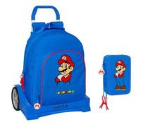 PRESTIGE & DELUXE Trolley escolar Super Mari0 Play azul rojo Dim. 32 x 42 x 15 cm + Estuche 3 pisos completo + llavero Mario o Luigi, multicolor, standard, Clásico