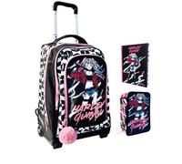 PRESTIGE & DELUXE Trolley Mochila compatible con Harley para la escuela niñas + Estuche de 3 pisos + diario 2025/2026 + regalo 7 bolígrafos y llavero lentejuelas