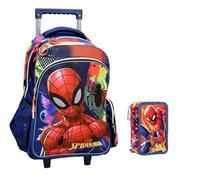 PRESTIGE & DELUXE Trolley Mochila compatible con Spiderman Hombre Araña escuela primaria secundaria - Respaldo acolchado asa telescópica + Estuche completo de papelería + 7 bolígrafos borrables