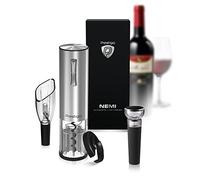 Prestigio Nemi Sacacorchos eléctrico - Abrebotellas de vino premium con batería - Juego de vino con cortador de láminas, tapón de vino y decantador en caja de regalo de alta calidad, color plateado