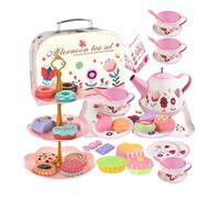 Pretend Tea Party Set - Complete Tin Teapot Kitchen Toy Collection with Portable Carrying Storage Case, Educational Role Play Activity | Children Ages 3-6 Years Boys Girls Nursery Preschool Birthday