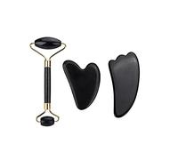 Preto rolo de massagem Facial guasha placa conjunto cabeças duplas Jade Pedra Face Lift Corpo Pele relaxamento emagrecimento cuidados com a Pele ferramentas-3 Set no Box