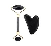 Preto rolo de massagem Facial guasha placa conjunto cabeças duplas Jade Pedra Face Lift Corpo Pele relaxamento emagrecimento cuidados com a Pele ferramentas-Heart Set no Box