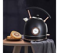 Prettiee Hervidor de Agua eléctrico Retro de 1,8 L y 1800 W con Filtro de ebullición rápida, inalámbrico, de Acero Inoxidable y con indicador de Temperatura. Color Negro.