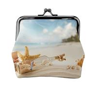 Pretty Beach and Seashell In Sky Print Monedero pequeño Kiss-Lock Bolsa de Cuero Cambiar Billetera Regalos para Hombres Mujeres
