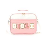 Pretty Bible Bag for Women, Floral Chenille Letter Design, Large Capacity Bible Cover Case for Women, Quilted Bibles Case with Shoulder Strap, for Study Supplies (Pink)