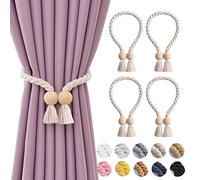 Pretty Jolly Ball - Juego de 4 alzapaños magnéticos de madera, soporte para cortinas, decoración bohemia, algodón natural, tejido a mano, para cortinas de ventana de casa y oficina, color beige