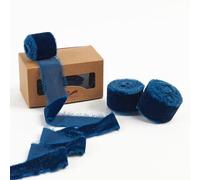 Pretty Jolly Cinta de terciopelo azul para envolver regalos, 1 1/2 pulgadas, hecha a mano, cinta de terciopelo vintage deshilachada para árbol de Navidad, cintas para manualidades, decoración del