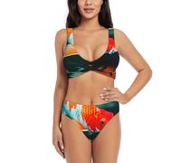 Pretty Koi - Conjunto de bikini triangular con estampado de peces para mujer, transpirable, para descansar en la playa y la piscina, Negro -, XL