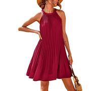 PRETTYGARDEN Summer Mini Halter Dresses for Women 2025 Sleeveless Pleated Short A Line Flowy Beach Wedding Guest Dress(Small, Wine Red)