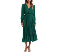PRETTYGARDEN, Vestido Largo Plisado de Primavera con Cuello en V, Manga Larga y Volantes para Mujer, Verde Oscuro, M