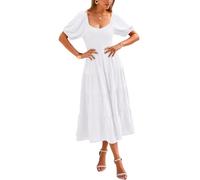 PRETTYGARDEN Vestidos de Primavera para Mujer 2024, Manga abombada, Cuello en V, Lunares suizos, Cintura Alta, Vestido de Gasa Escalonado, Vestidos Largos Fruncidos, Blanco, S