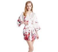 Prettystern Mini vestido de mujer Kimono de seda Chaqueta Vestido cruzado Robe Art Prints Flores Blanco Mi03