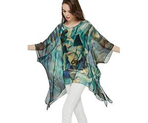 Prettystern - Poncho Túnica de Seda del Vestido del Kimono Playa de Verano Blusa Bikini Cover Up Tiro Arte Abstracto Azul
